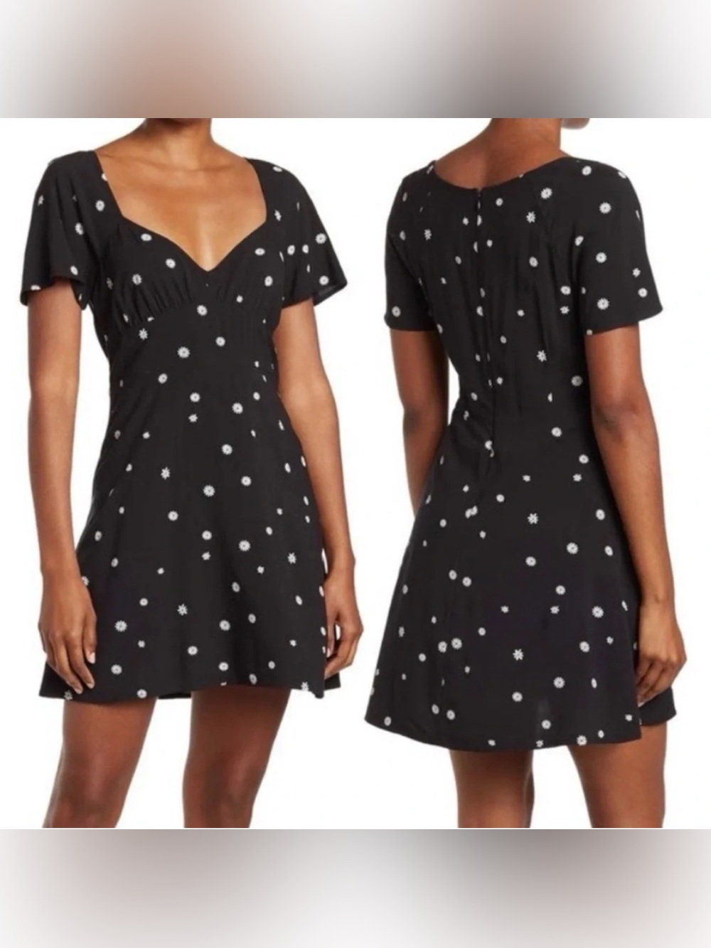 Black Daisy Print Mini Dress with Flutter Sleeves Size XL
